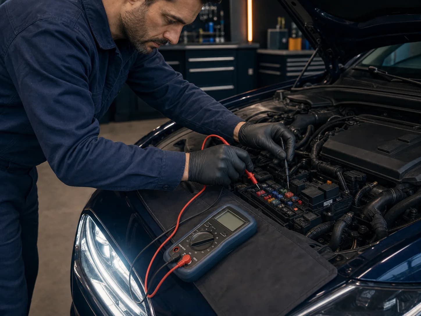 Techniker prüft mit einem Multimeter den elektrischen Stromkreis der Fahrzeugbeleuchtung