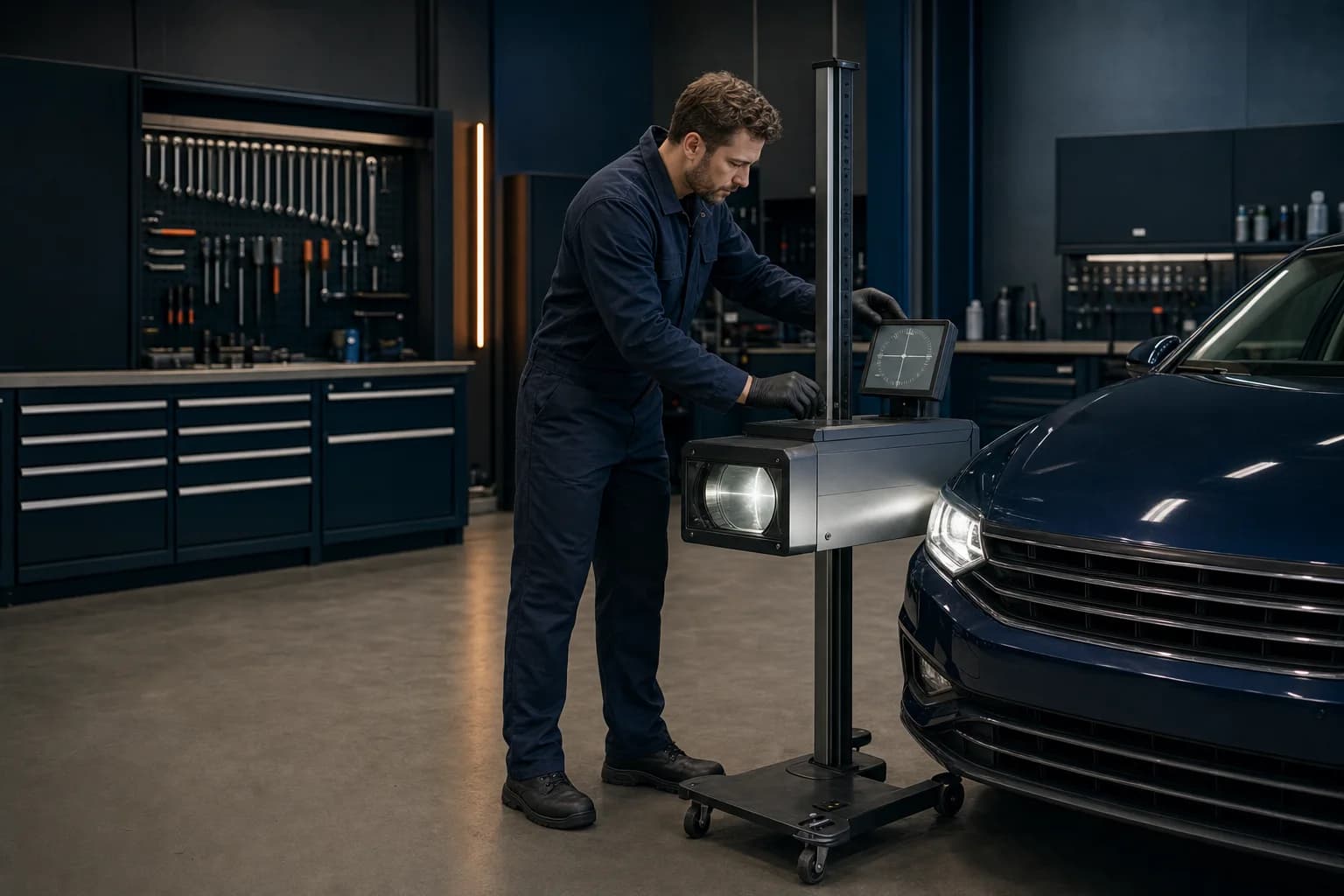 Techniker richtet einen Scheinwerfer mit einem professionellen Lichtprüfgerät präzise aus