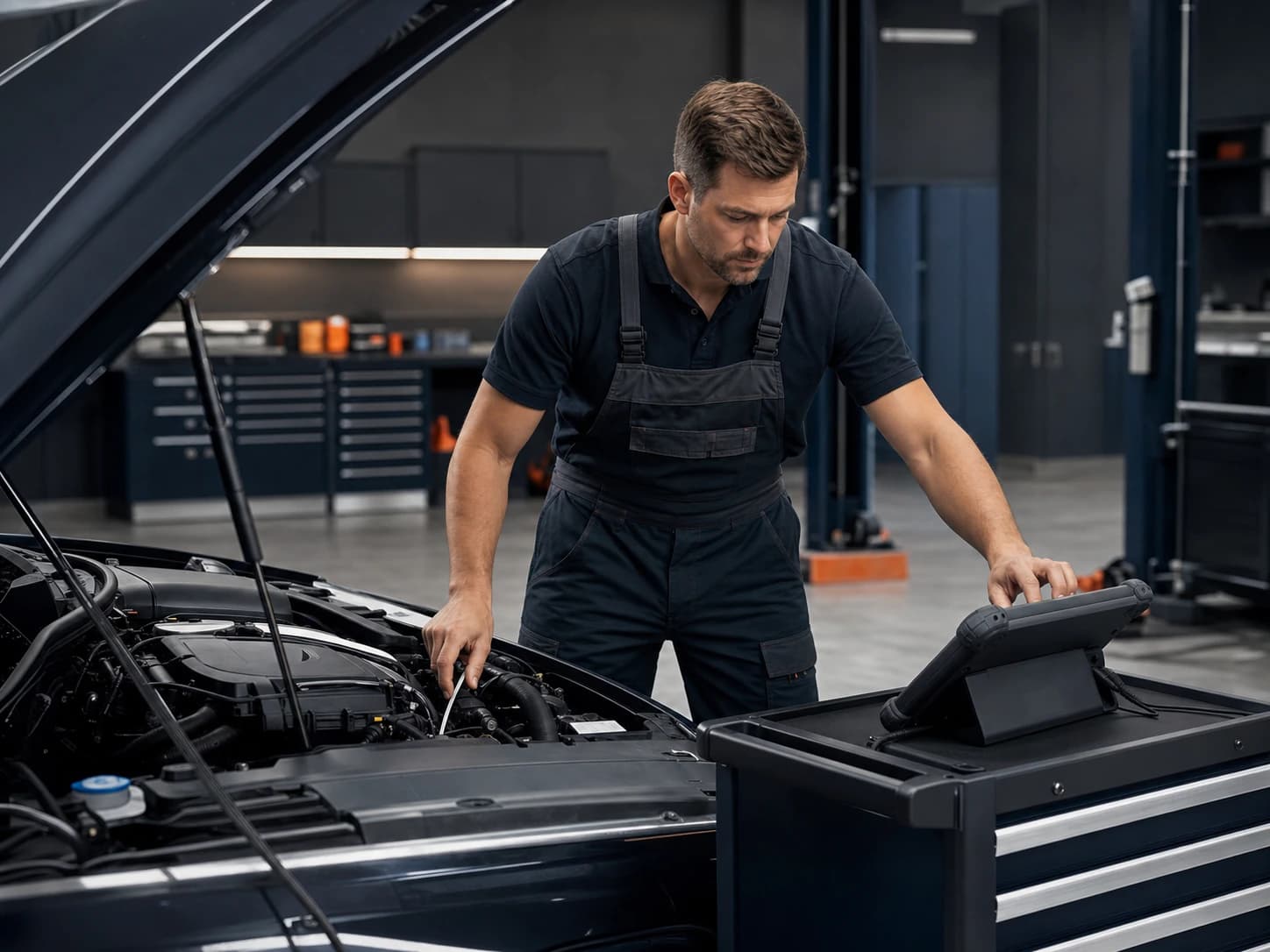 Mechaniker kontrolliert Motorbauteile und nutzt dabei ein Diagnosegerät