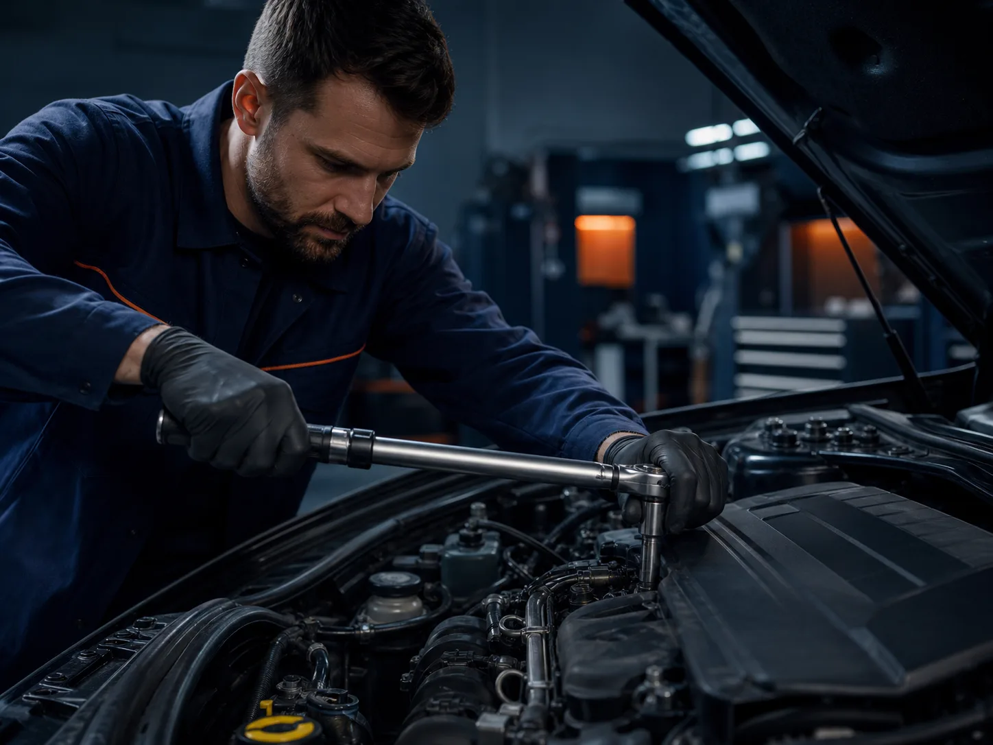 Mechaniker bei einer sorgfältigen Wartung im Motorraum