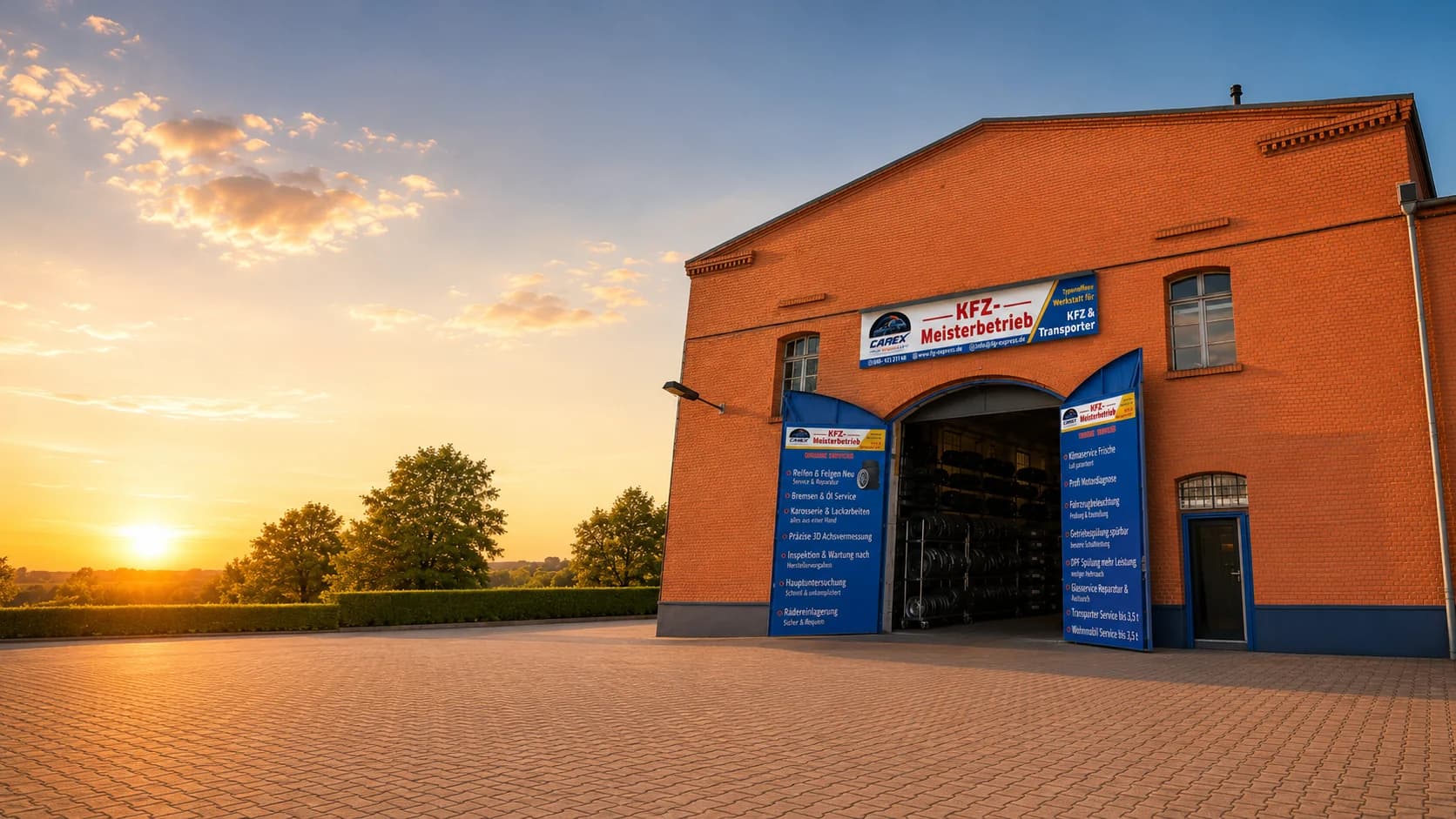 Werkstatt der CAREX KFZ Express UG im roten Backsteingebäude in Berlin-Spandau