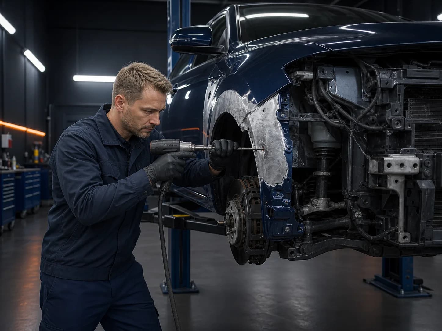 Karosserietechniker bearbeitet fachgerecht einen beschädigten Fahrzeugbereich mit einem professionellen Reparaturgerät