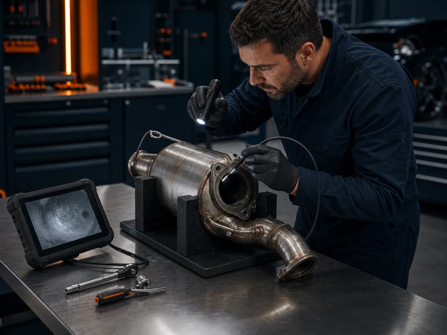 Techniker untersucht einen ausgebauten Dieselpartikelfilter mit einer Prüfsonde