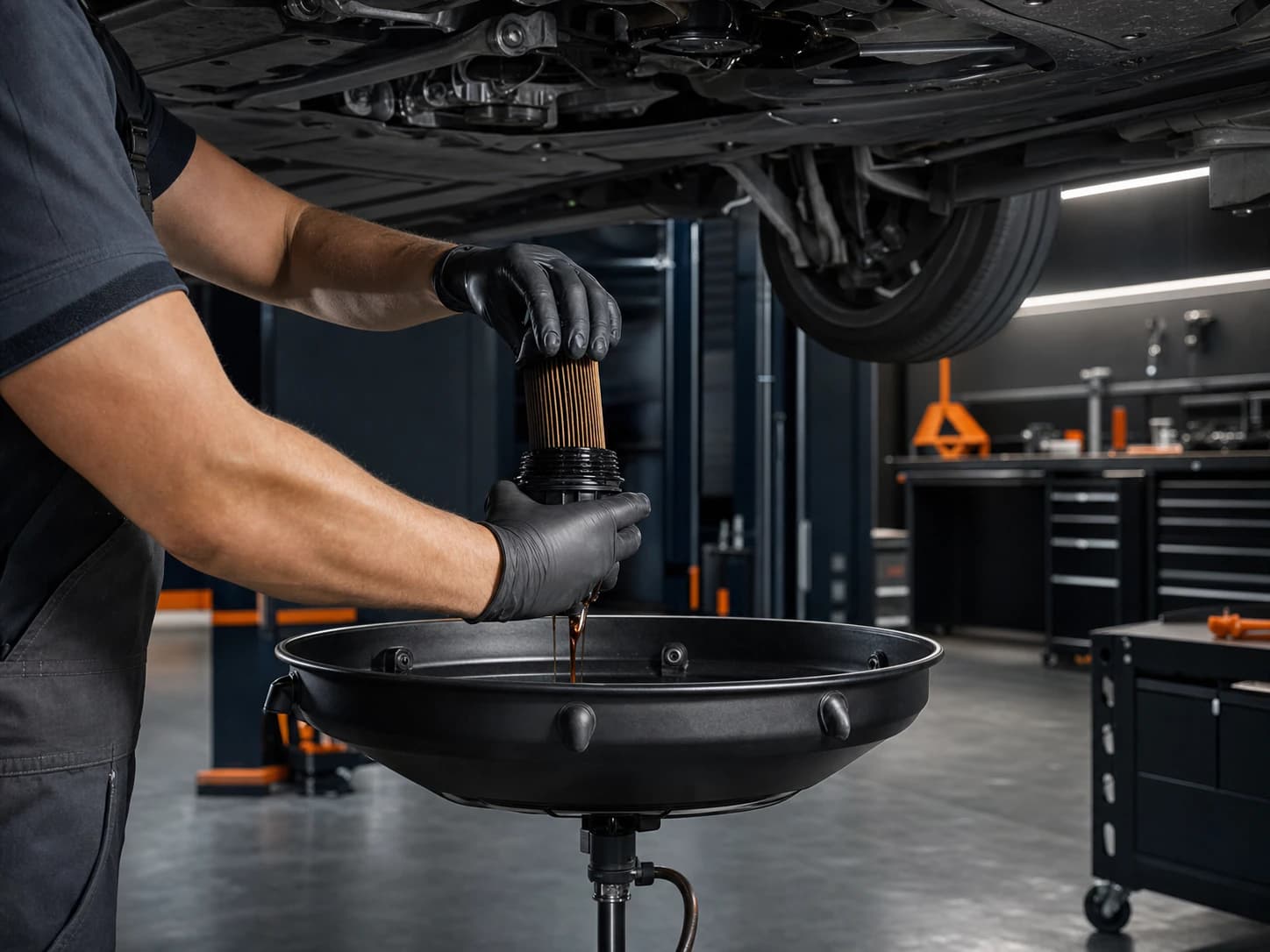 Mechaniker führt einen sauberen Öl- und Filterservice unter dem Fahrzeug durch